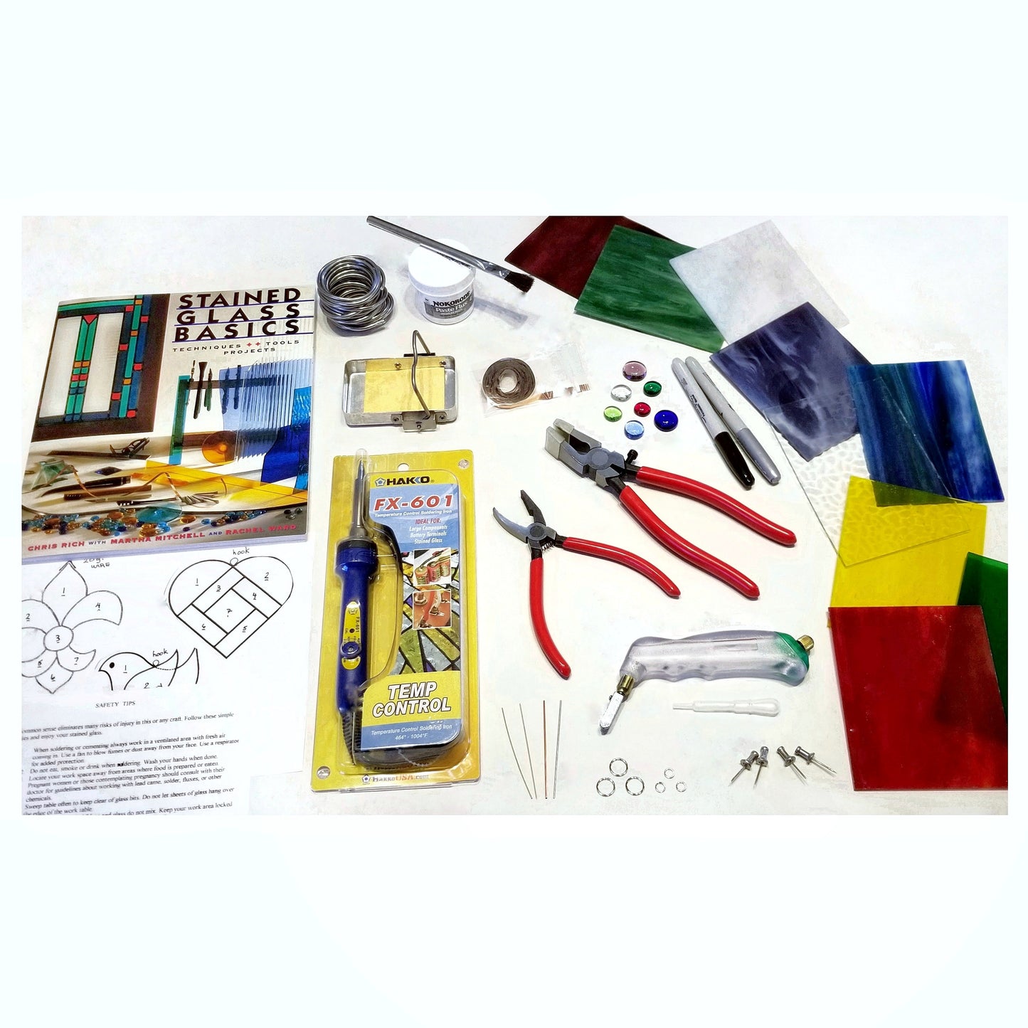 Stained Glass Beginner Tool Kit with Hakko Soldering Iron, Palm Grip Cutter, Colorful Glass Sheets, Instruction Book, Supplies. 1-3 day ship
