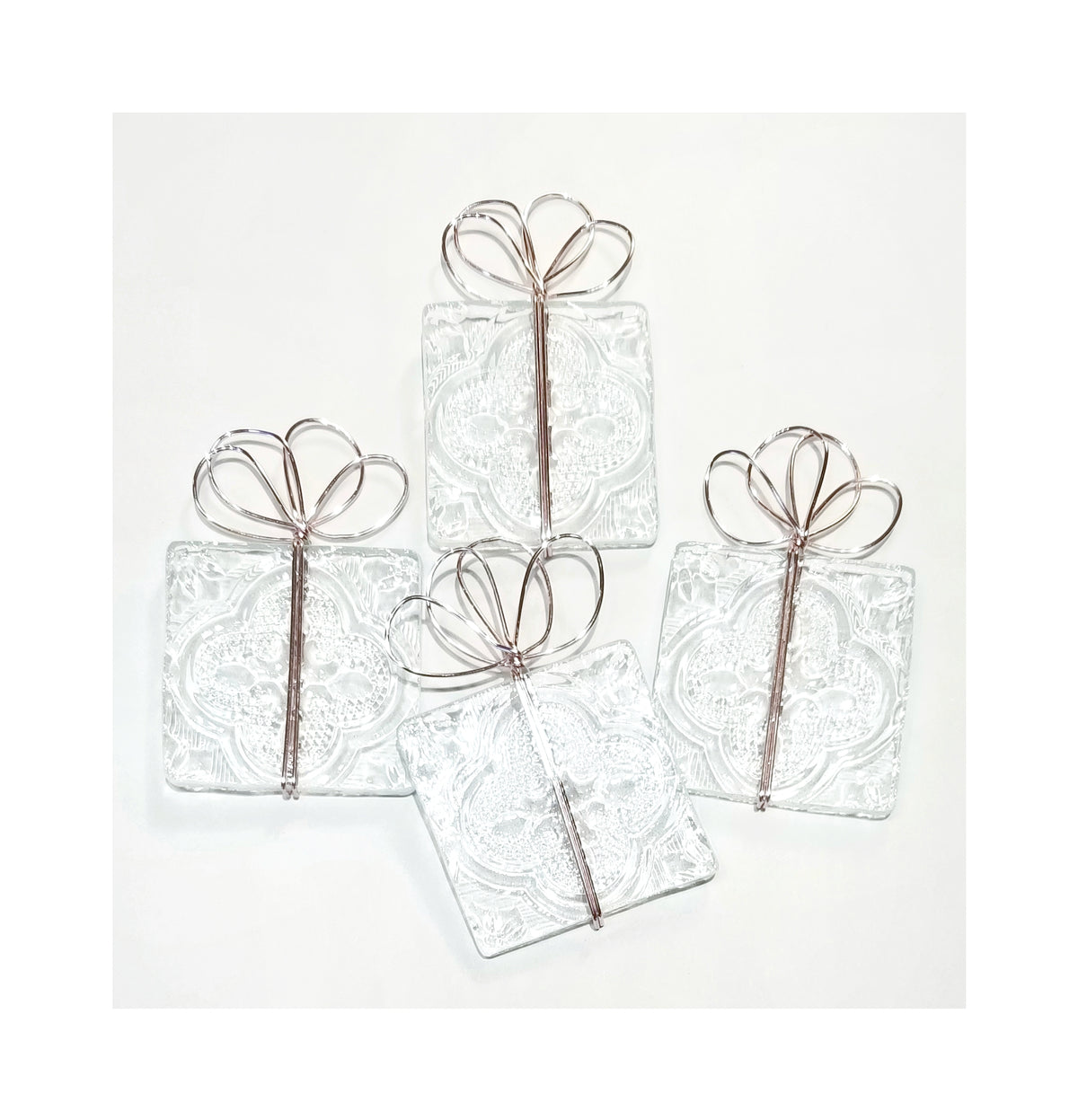 Gift Tag Decorations Stained Glass Ornament party favors, Set of 4 Textured or Set of 10. Clear glass with pink wire bow. Cute for Showers & Tablescapes.
