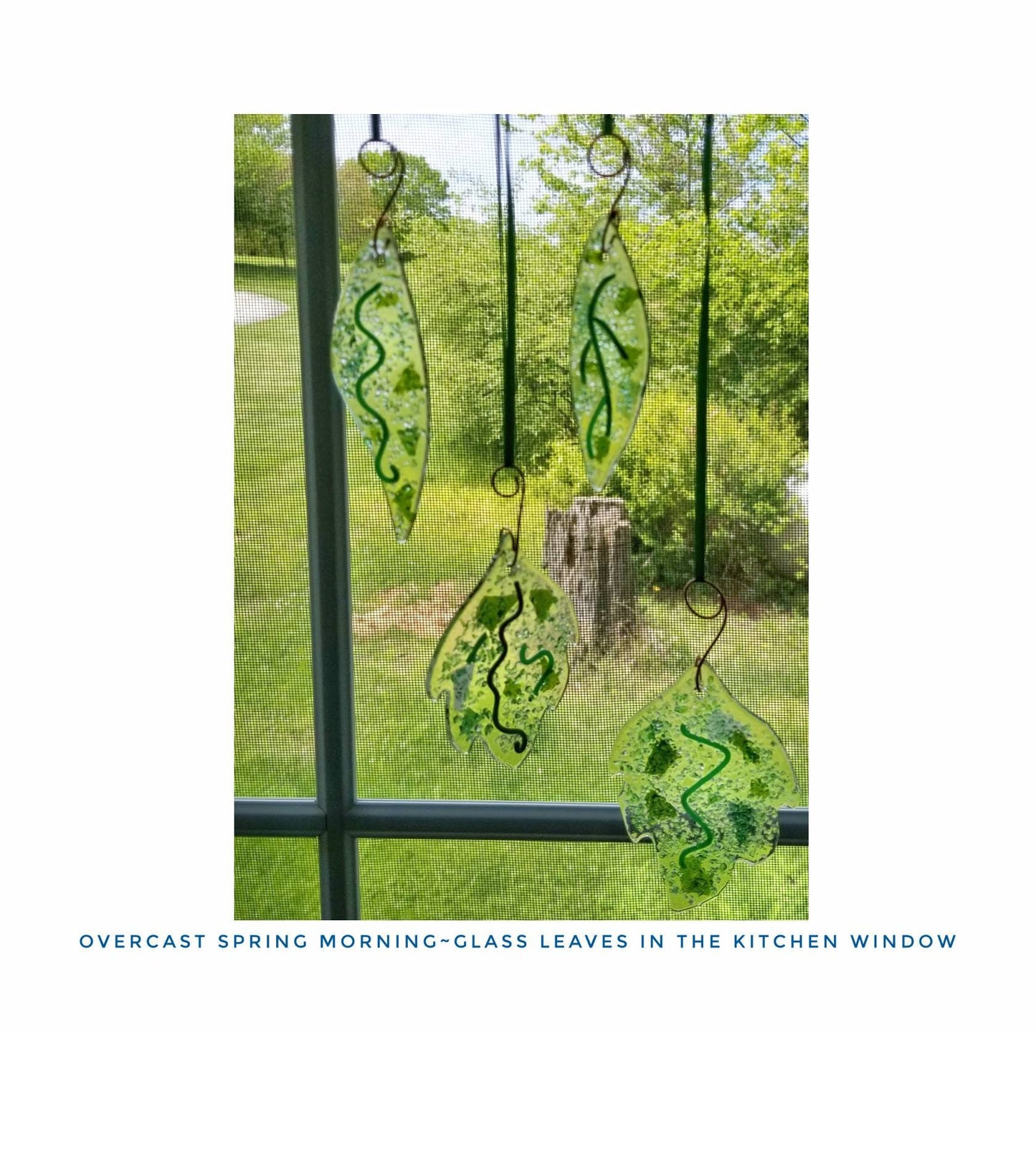 Leaf Suncatchers, Set of 2. Kiln Fused Green, Clear Crushed Glass. Rounded & Slender Leaves. Handmade Glass Art, Nature Inspired Home Decor.