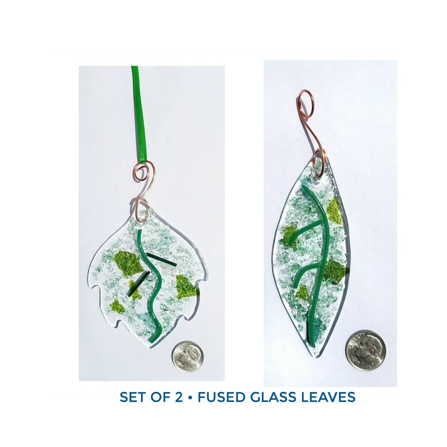 Leaf Suncatchers, Set of 2. Kiln Fused Green, Clear Crushed Glass. Rounded & Slender Leaves. Handmade Glass Art, Nature Inspired Home Decor.