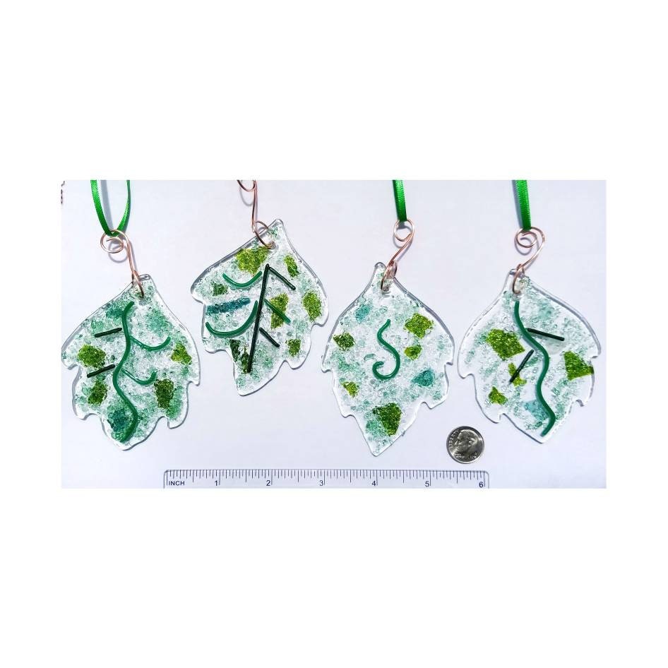 Leaf Suncatchers, Set of 2. Kiln Fused Green, Clear Crushed Glass. Rounded & Slender Leaves. Handmade Glass Art, Nature Inspired Home Decor.
