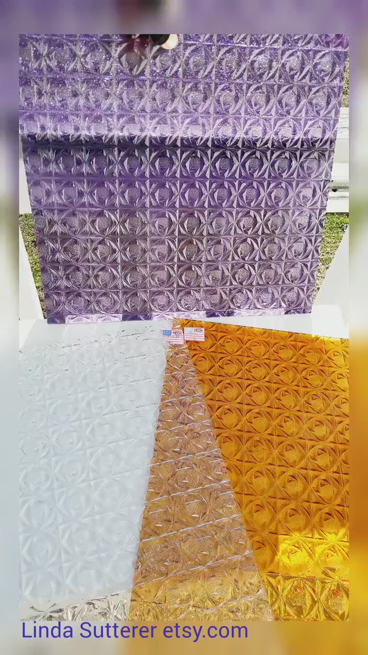 Stained Glass Pack. Honey Gold, Violet & Clear. Whitney Texture by Kokomo. 3 Colors, Glass Sheets, Flower Shape in Squared Pattern.