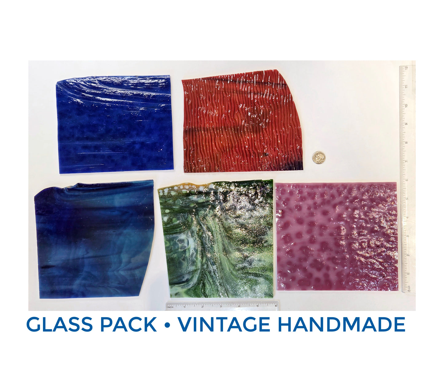 5 Color Stained Glass Pack. Vintage Mottled, Ripple Handmade Sheets. 5"×6" to 6"× 6"+- some with Rolled Edges.