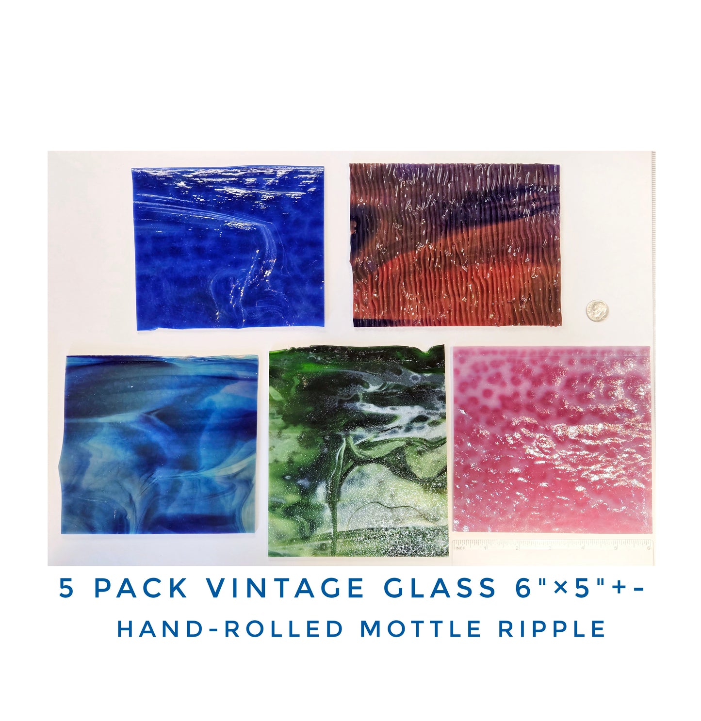 5 Color Stained Glass Pack. Vintage Mottled, Ripple Handmade Sheets. 5"×6" to 6"× 6"+- some with Rolled Edges.
