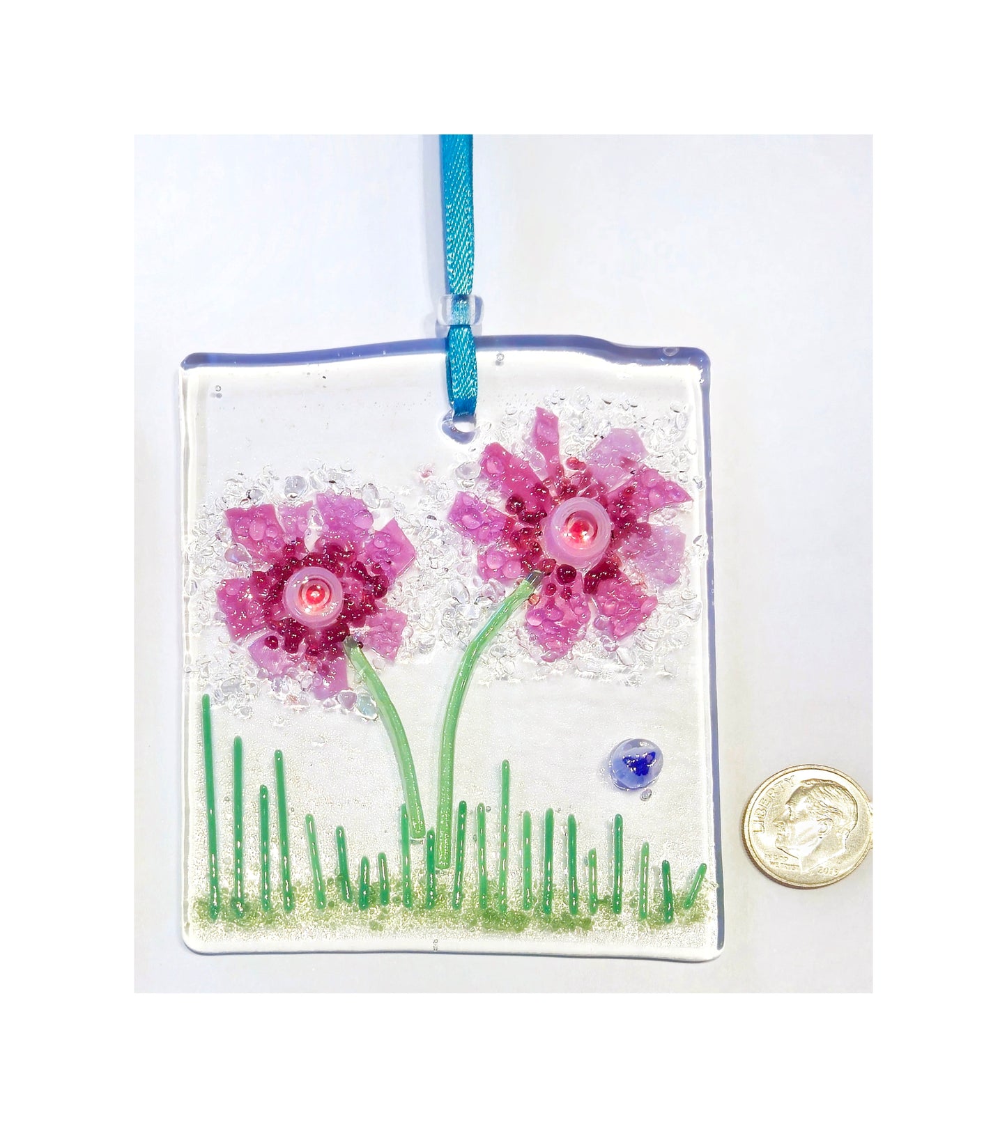 Cute Glass Ornaments, Fused. Use for Gift Basket Items, Showers. Pink Flower Petals, Handmade Gift tags, Bright Cheery Colors. Kiln Fired.