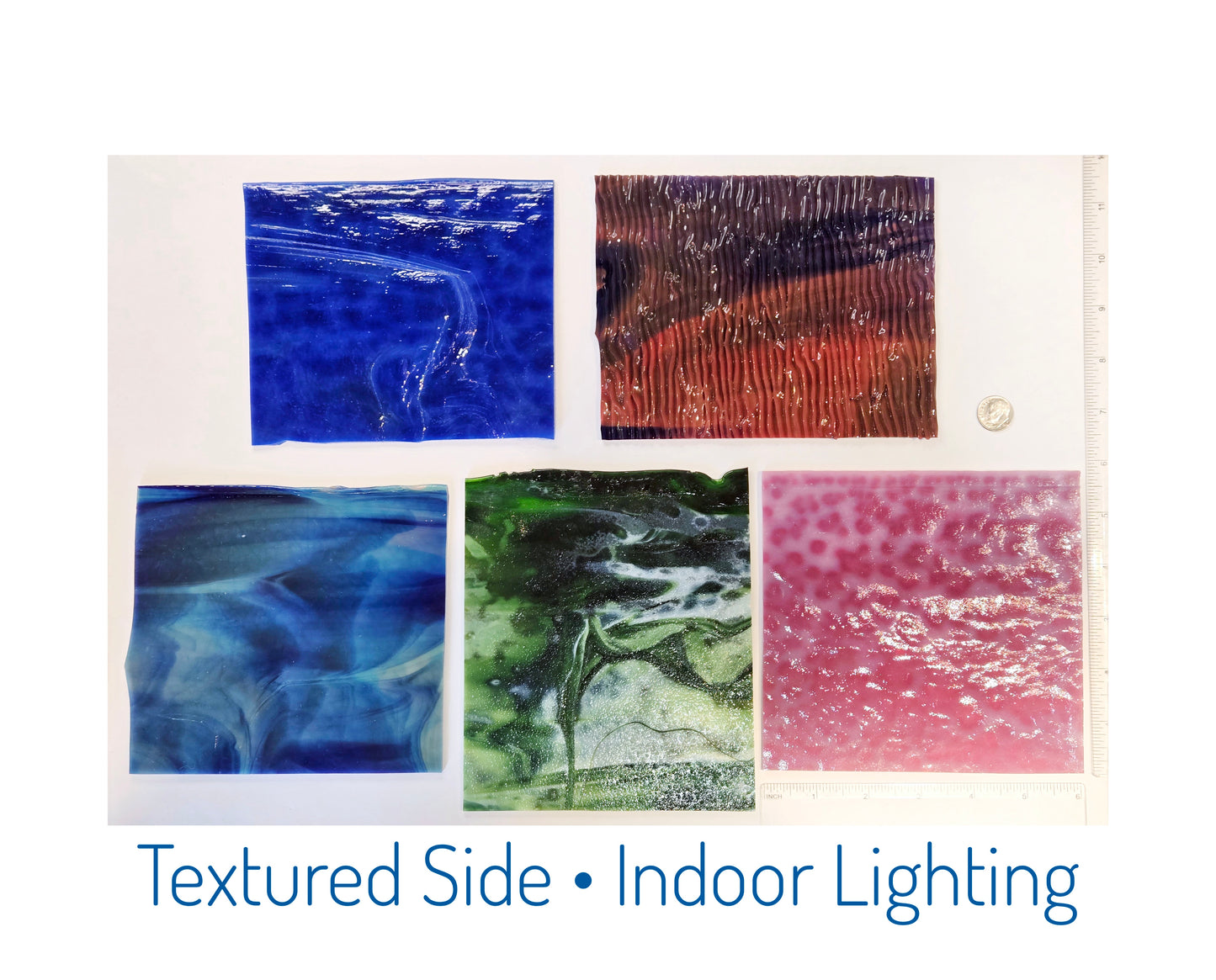 5 Color Stained Glass Pack. Vintage Mottled, Ripple Handmade Sheets. 5"×6" to 6"× 6"+- some with Rolled Edges.