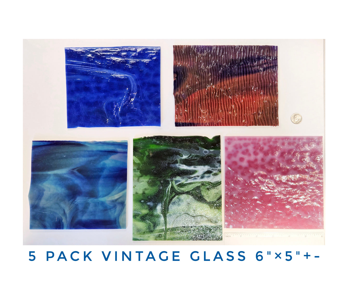 5 Color Stained Glass Pack. Vintage Mottled, Ripple Handmade Sheets. 5"×6" to 6"× 6"+- some with Rolled Edges.