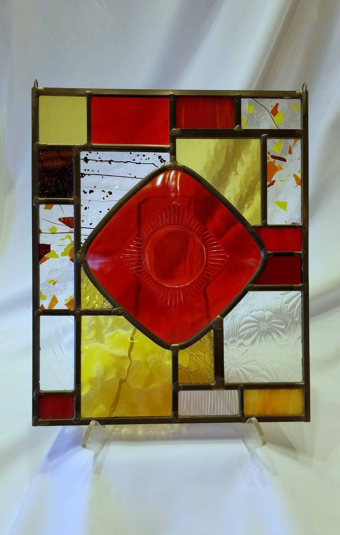 Red Vintage Saucer, Stained Glass. Mid Century Modern Aesthetic. Window Hanging. Red Kitchen Decor, Dining. 10"x10" or 10"×12" sold separate