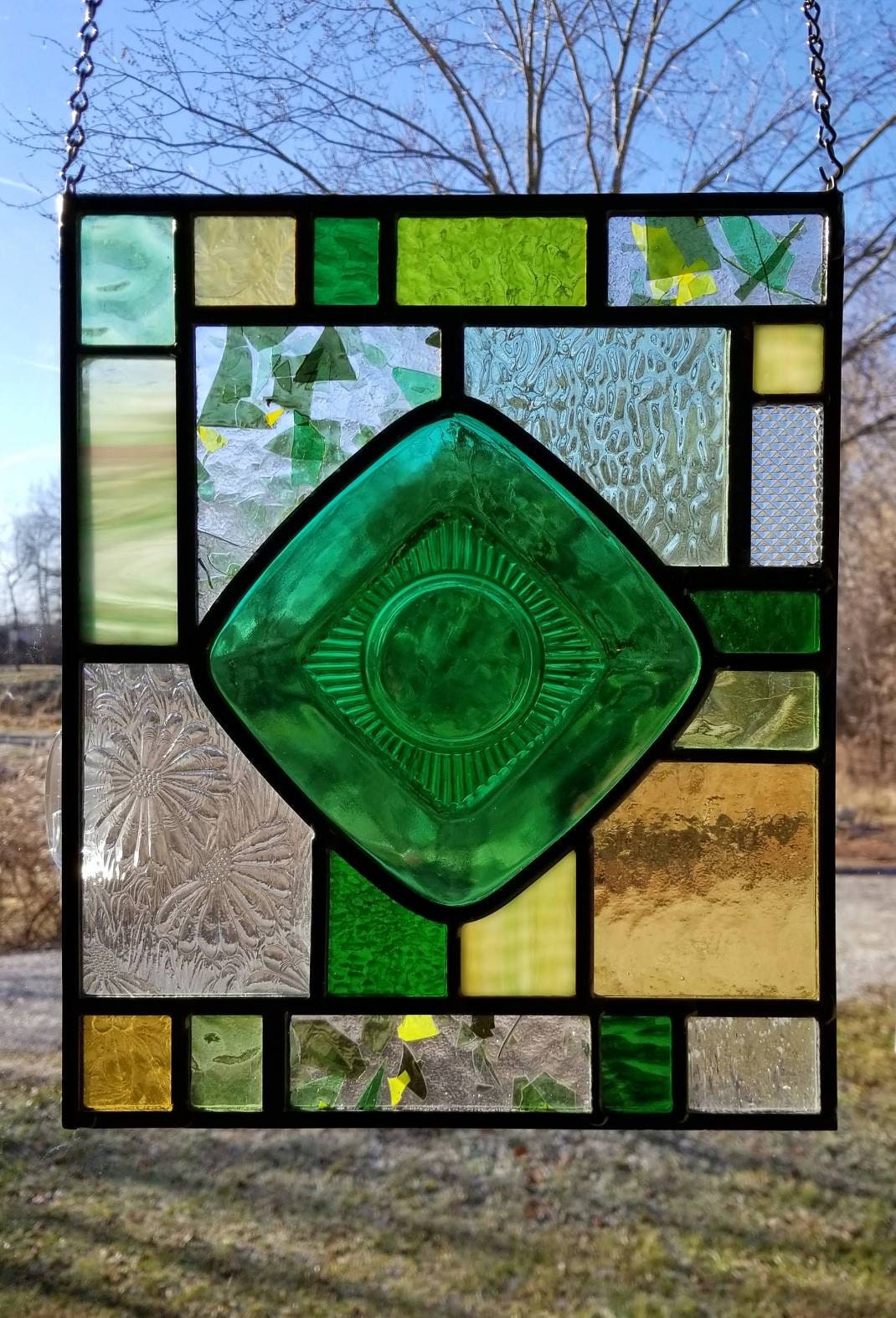 stained glass hanging plants Stained Glass Window Hanging. Mid Century vibe. A pretty Green Saucer, – GlassCompositions