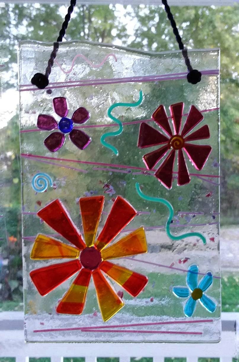 Flower Suncatcher window hanging, fused glass daisies Cranberry/Orange/Purple/Torchworked/Flameworked Glass Embellishments