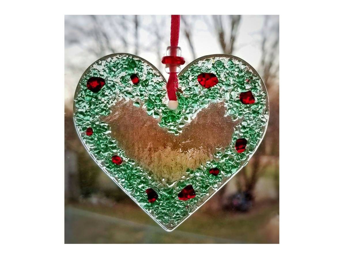Heart Shaped Wreath. Fused Glass Ornament, Suncatcher. Red & Light Green crushed glasses are kiln fired onto clear glass. Handmade by me.