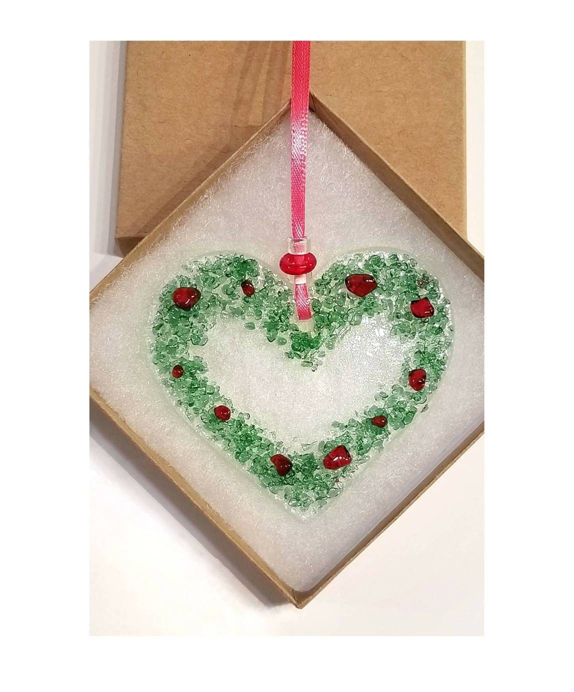 Heart Shaped Wreath. Fused Glass Ornament, Suncatcher. Red & Light Green crushed glasses are kiln fired onto clear glass. Handmade by me.