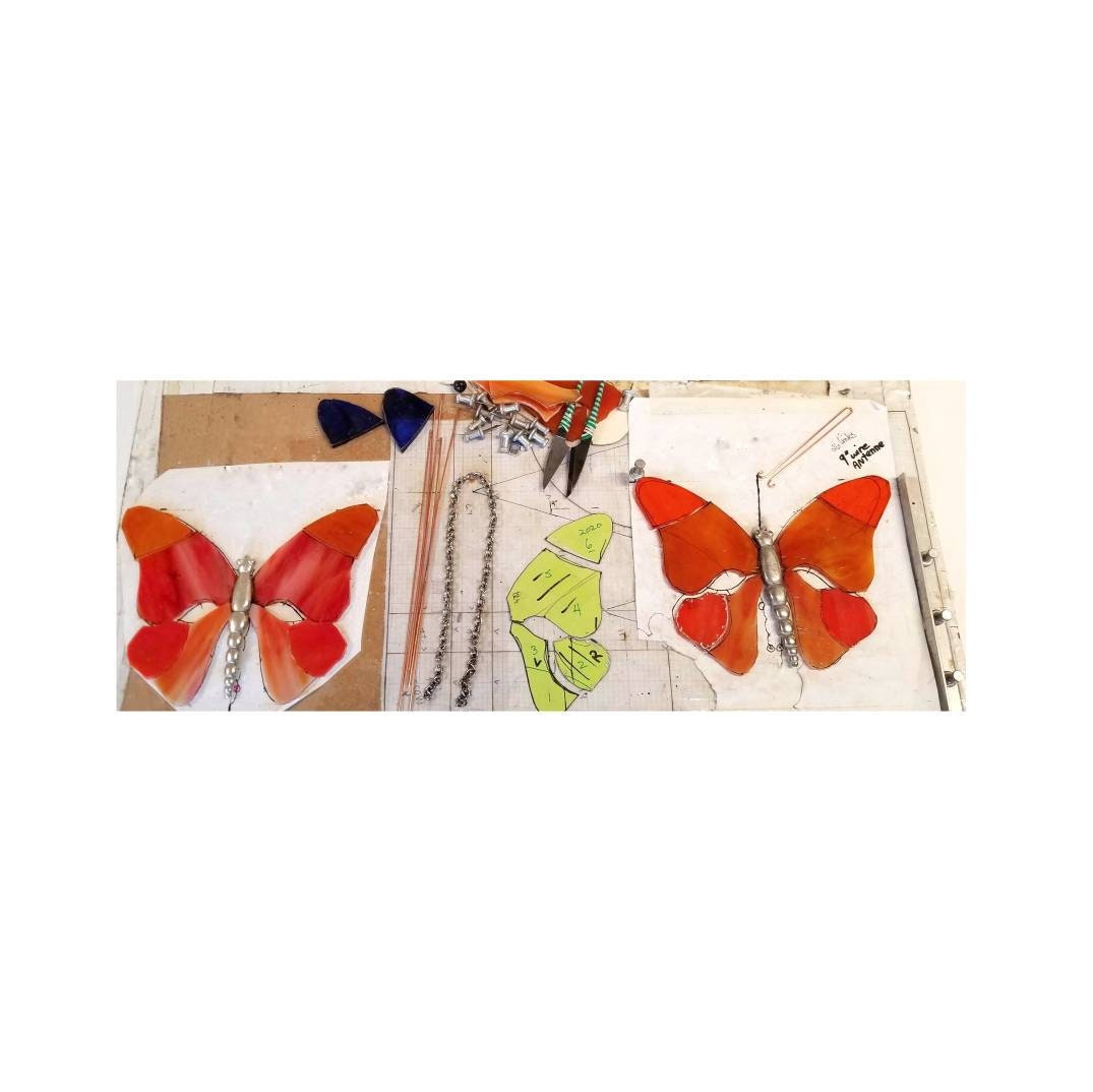 Butterfly Suncatcher, Orange Stained Glass Window Hanging, Fantasy, Monarch with 3D metal body, featuring rare vintage glass.