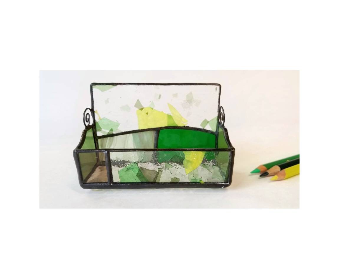Business Card Holder. Stained glass trinket box with a yellow & green confetti glass.  Home office, desk organization accessory.