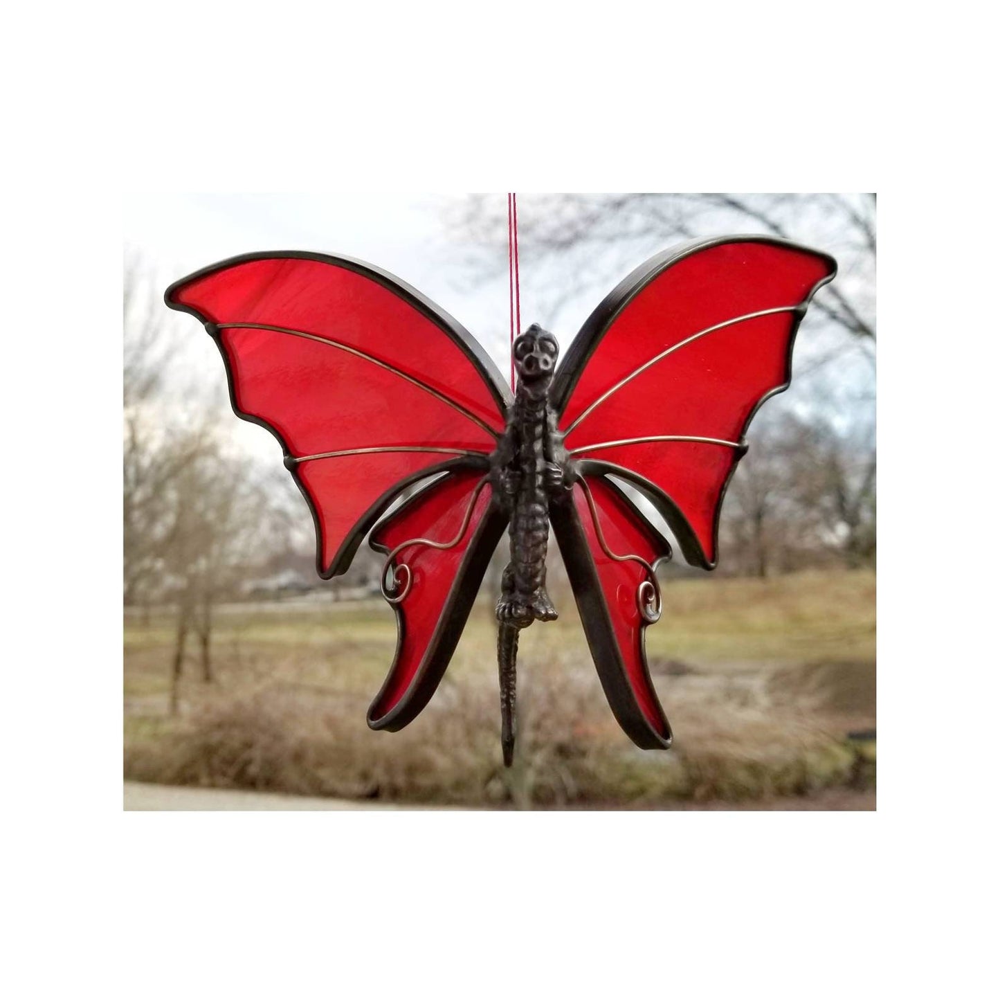 Dragon, Hanging Stained Glass Suncatcher. 3 dimensional figurine sculpture with black metal finish. Bright Red glass & copper wire accents.