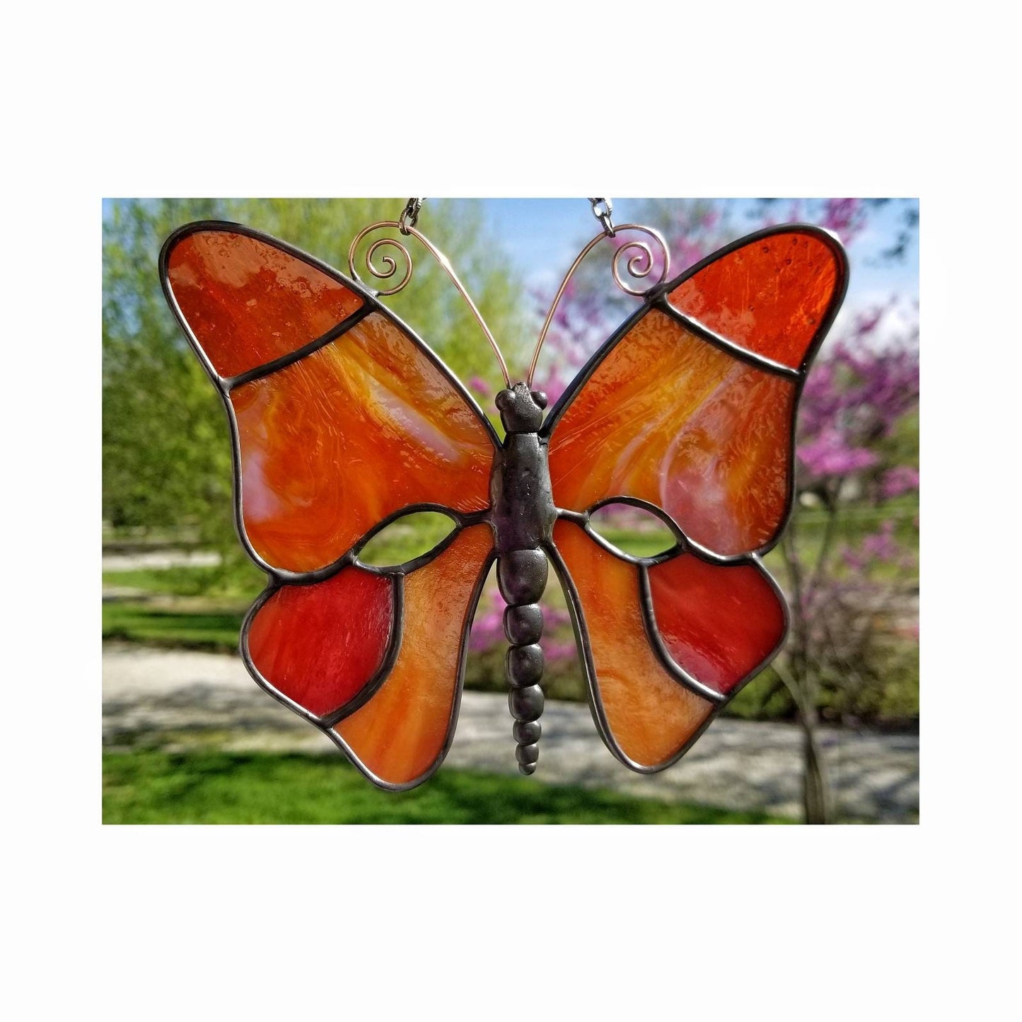 Butterfly Suncatcher, Orange Stained Glass Window Hanging, Fantasy, Monarch with 3D metal body, featuring rare vintage glass.