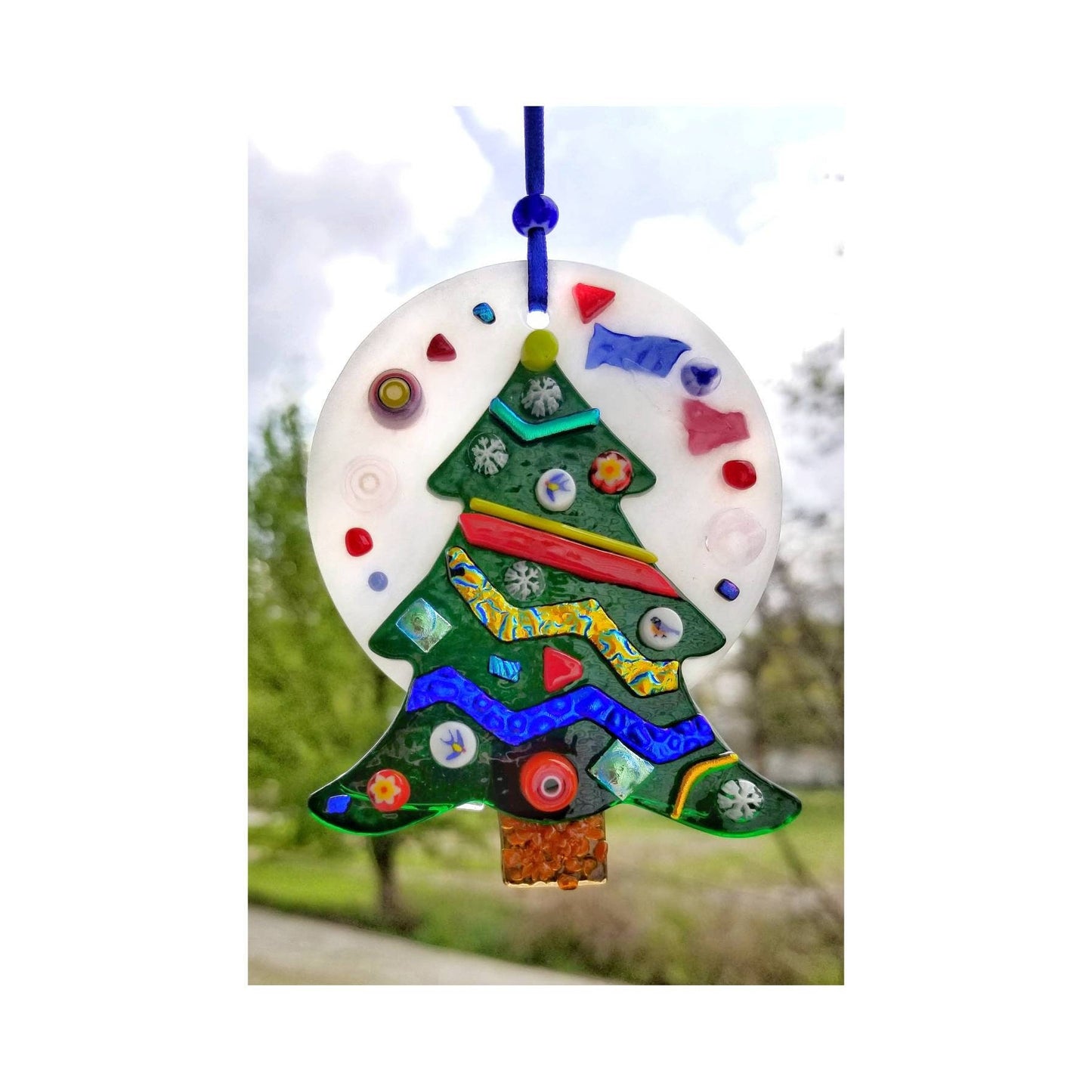 Fused Glass Tree suncatcher. Red, white, blue, dark green. Dichroic wavy glass. Evergreen Spruce tree ornament.