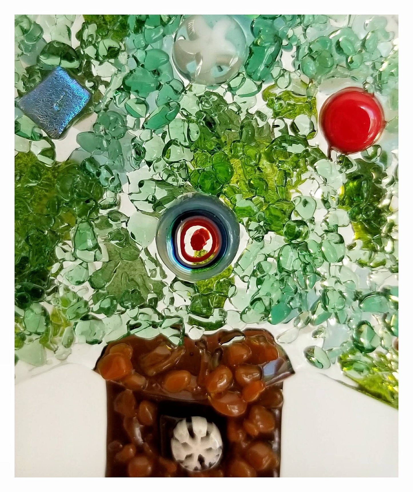 Glass Christmas Tree, Suncatcher Ornament. Decorated with Fused Green Glass, Sliced Millefiori Stars & Murrine Circles. Gift box included.