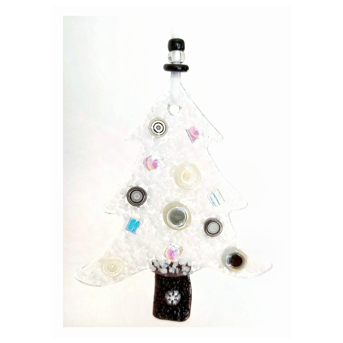 White Glass Ornament. Black or White Tree decorating is fun & creative. Kiln fused, crushed glass frit with Murrine. Clear gift box.