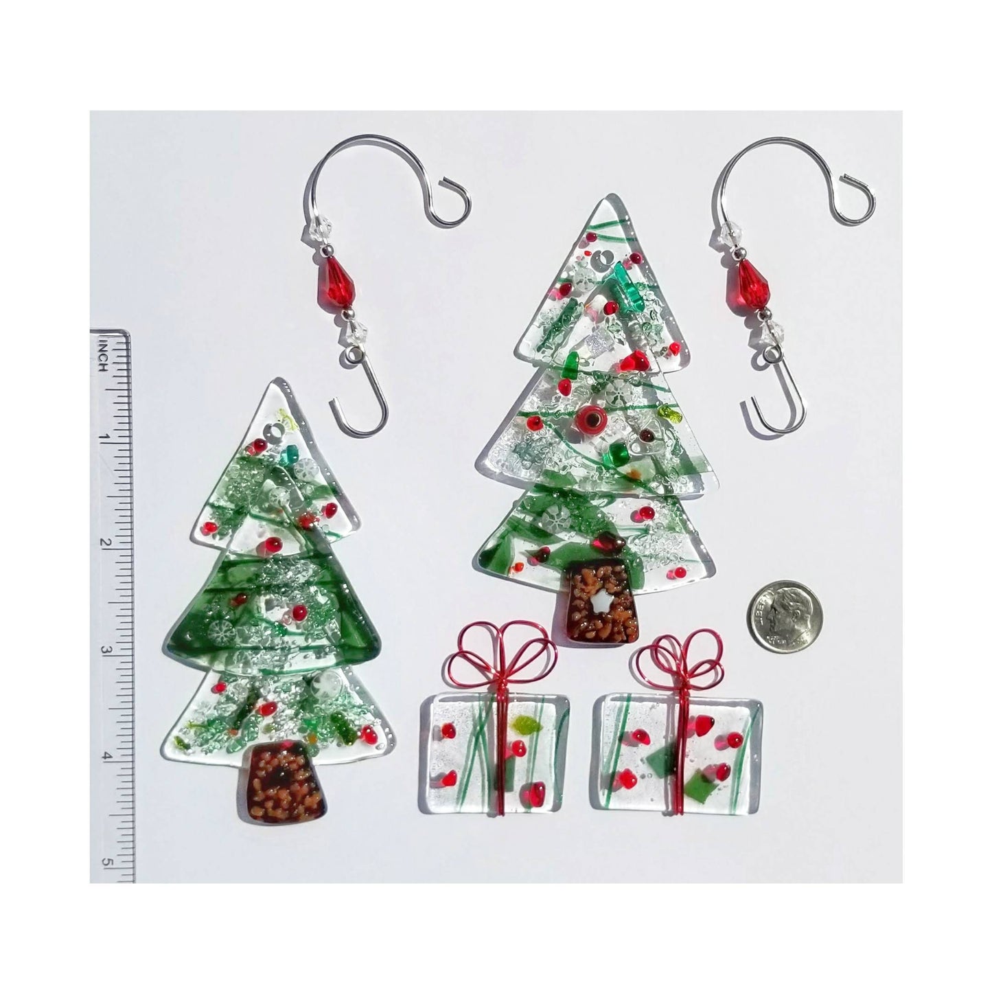 Christmas Tree Decor. Fused Glass Suncatcher & Gift Tag Ornament. 2 Piece Set. Kiln fired Holly Berry Glass. Gift boxed. Handmade.