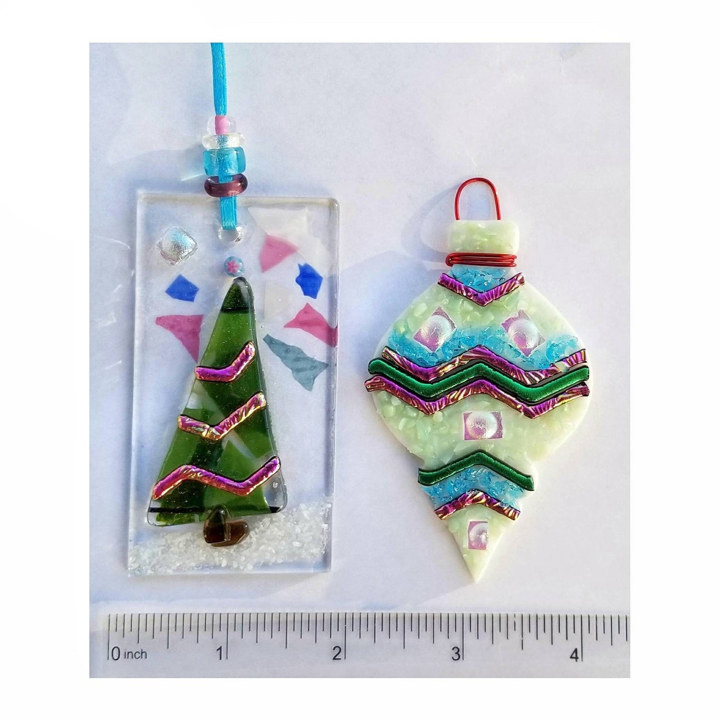 Christmas Tree Ornaments. Kiln Fused Glass & Pink wavy Dichroic glass. Each Gift boxed, free shipping.