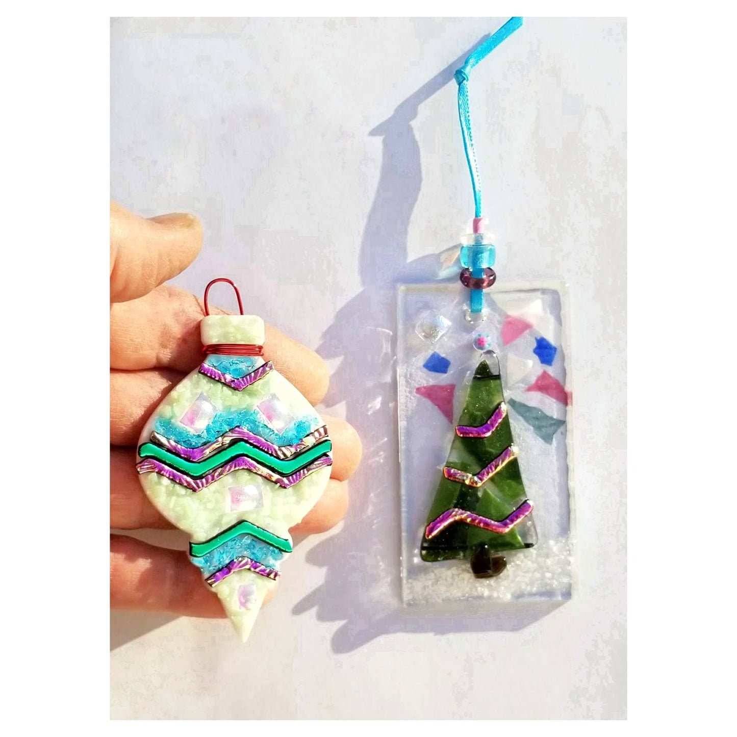 Christmas Tree Ornaments. Kiln Fused Glass & Pink wavy Dichroic glass. Each Gift boxed, free shipping.