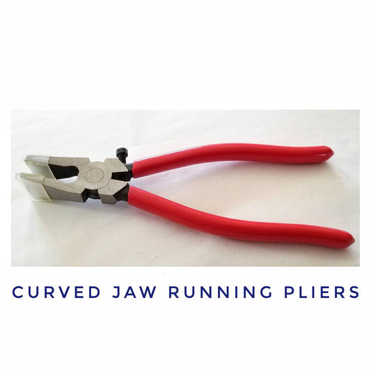 Stained Glass Running Plier, curved jaw forces scoreline to run, break. Easy to use long red handle. 1 extra pair replacement tips included.
