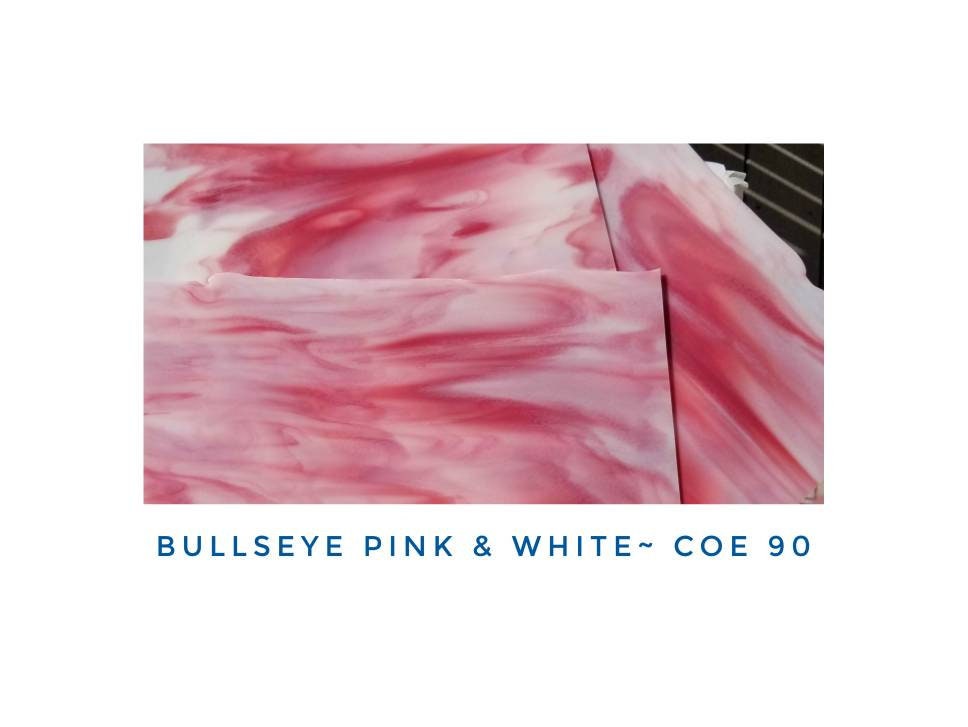 Fusible, Stained Glass Sheets. Pink & White Opalescent. Bullseye coe 90. Beautiful Pink with hint of Salmon color. 2 pieces, 5"× 8"