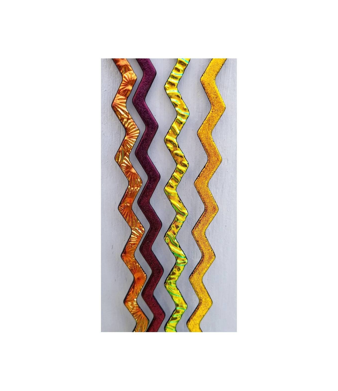 Dichroic Sheet Glass. Fire Strips on Black. Orange, Pink, Red, Yellow. Coe 90 Fusible. Diy Jewelry Supply. 4 pieces, approx. 8" wavy.