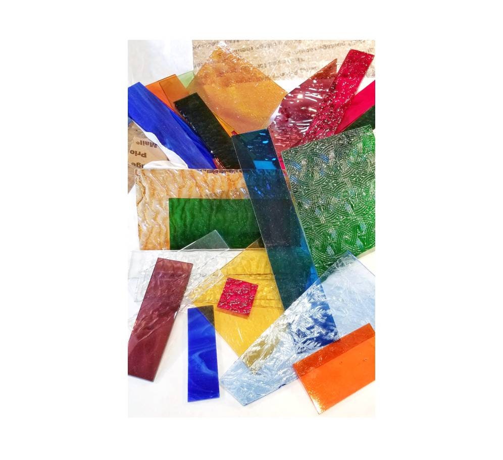 Scrap, Stained Glass Sheets, Pieces. See thru colors Blue Green, Orange, Pinks with mix of speciality Textures. DIY mosaics, suncatchers.