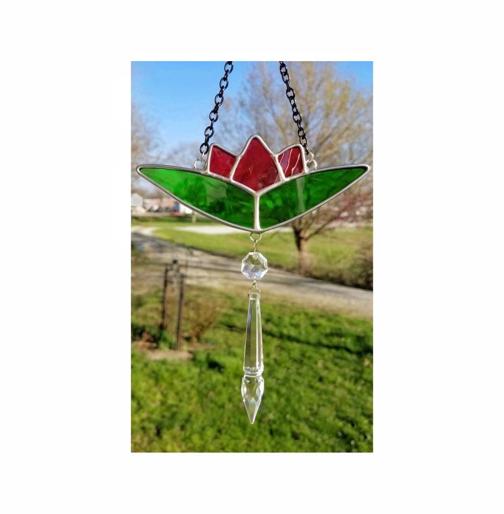 Pink Glass Flower. Suncatcher, Handmade by Me using Vintage Blown Glass. Lotus Shape. Nice Window Hanging Gift for Mother or Special Friend.