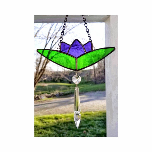 Purple Glass Flower. Suncatcher, Handmade by Me using Vintage Blown Glass. Lotus Shape. Nice Window Hanging Gift for Mom or Special Friend.