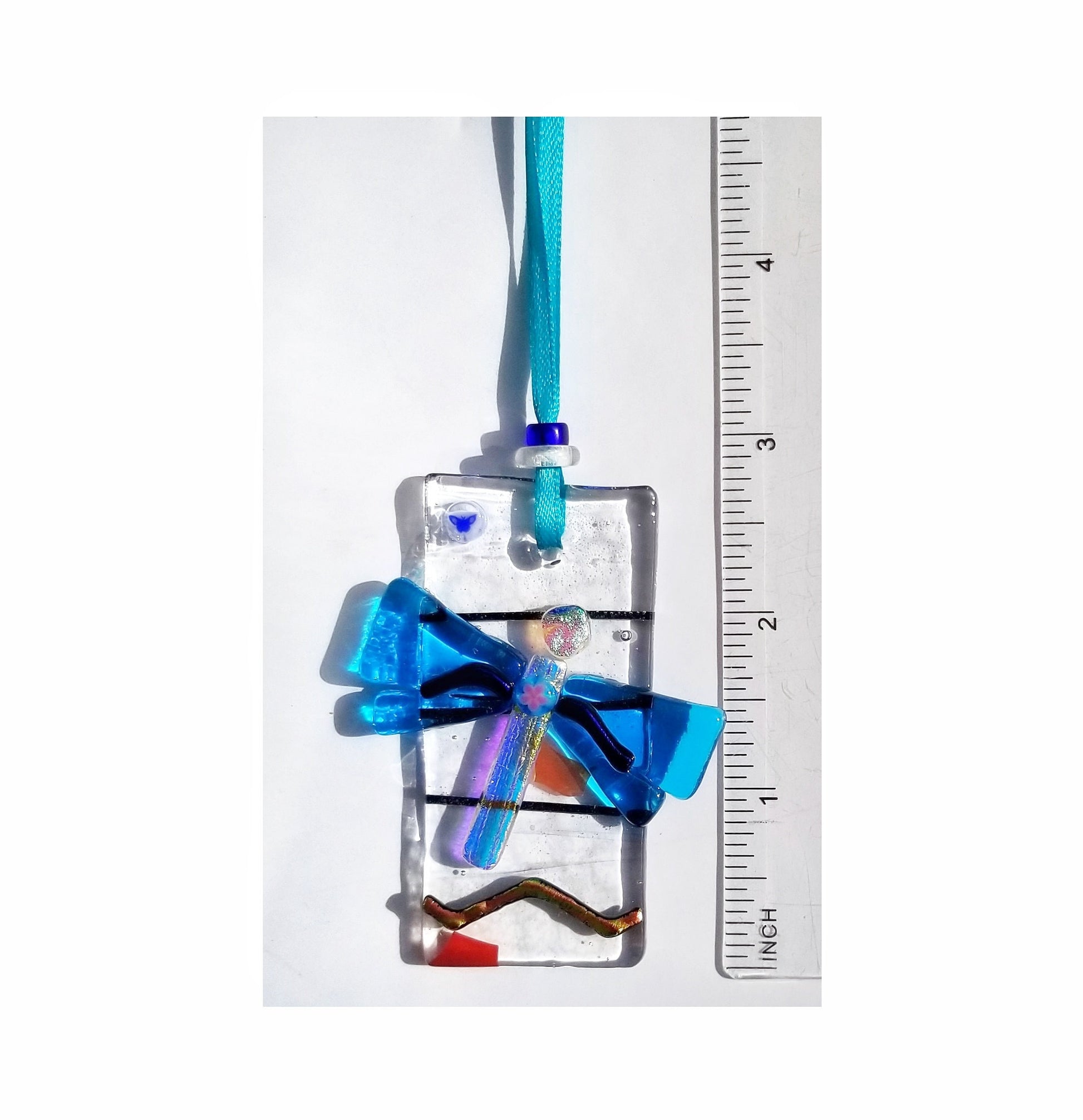 Glass Dragonfly Suncatcher. Azure Blue Wings with Shiny Dichroic Glass. Handmade by Me. Memory Charm, Gift Boxed for Mother, Special Friend.