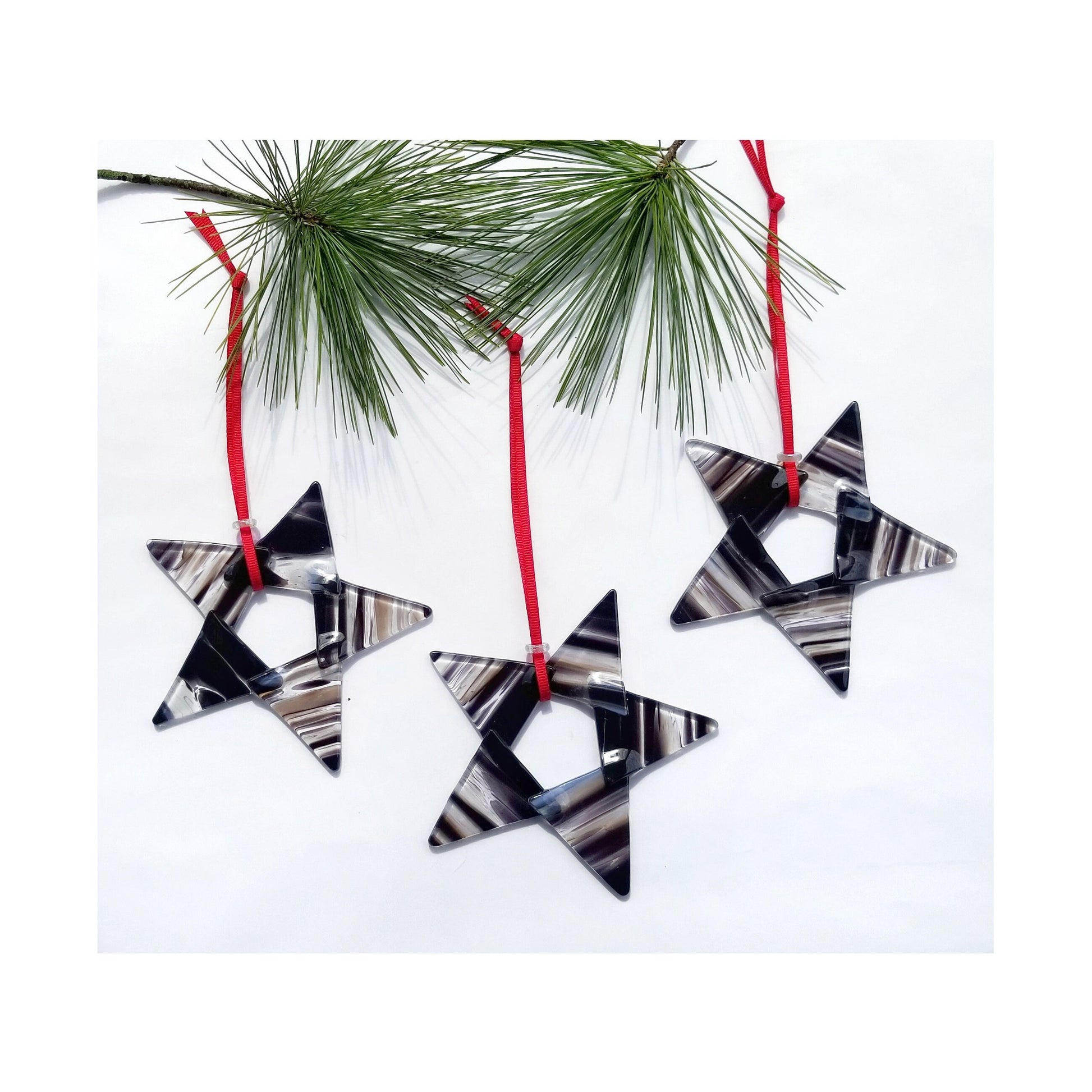 Fused Glass Star Suncatcher. Black & White Christmas Theme. Mantle Decor, Window Hanging Ornament. Gift boxed, shipped free.