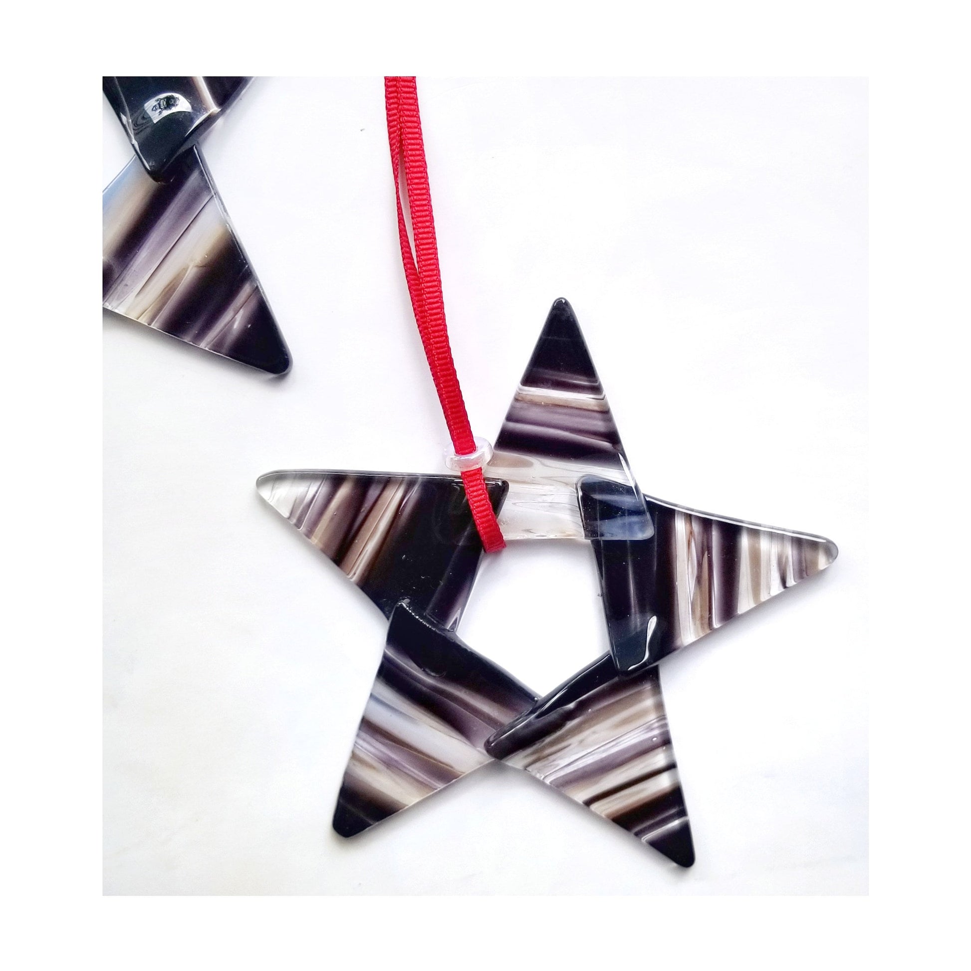 Fused Glass Star Suncatcher. Black & White Christmas Theme. Mantle Decor, Window Hanging Ornament. Gift boxed, shipped free.