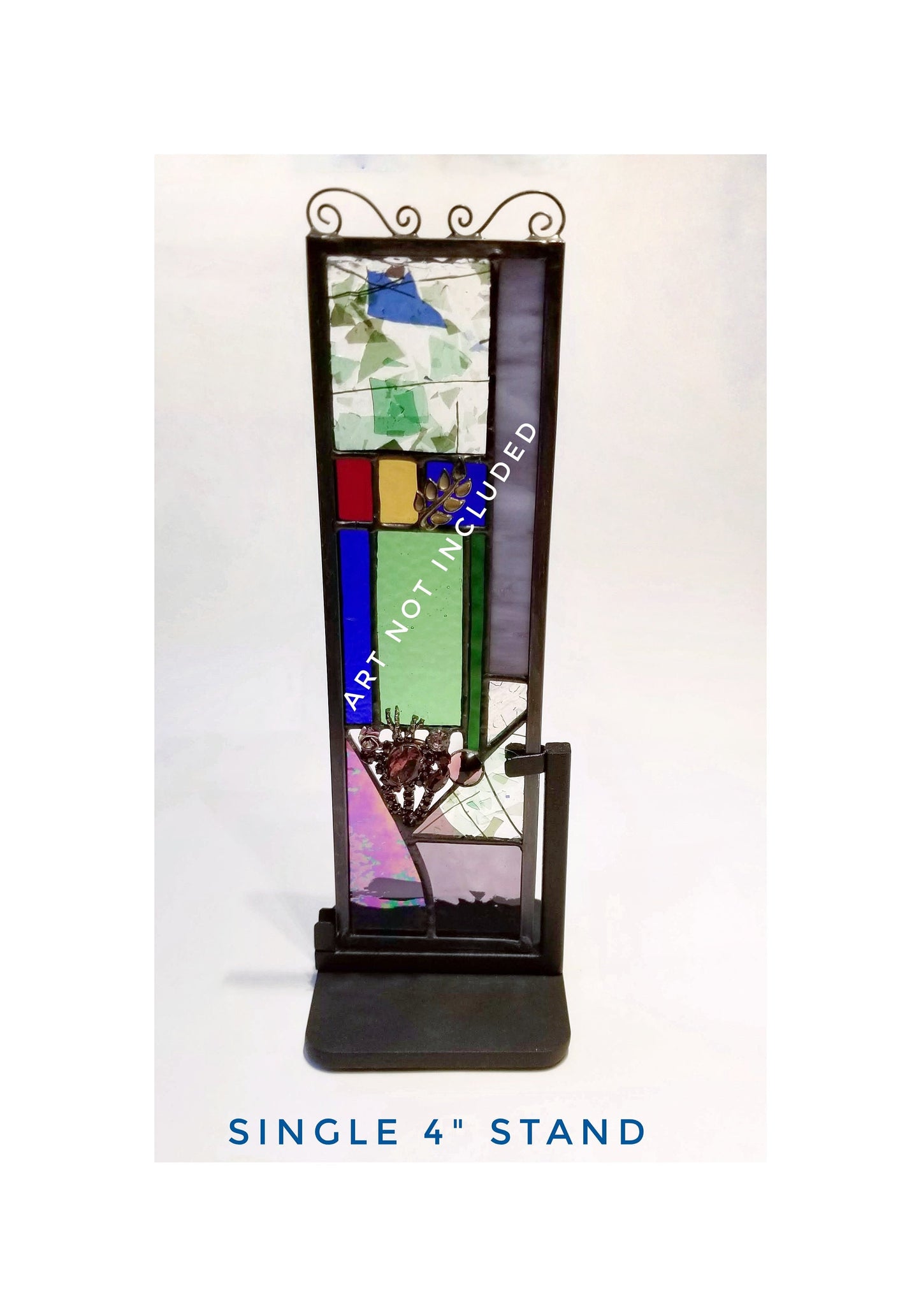 Display stand on sturdy base. Black Metal 4" Frame for Round or Squared Glass Art. Heavy wrought iron for mixed media art. Single or Pair.
