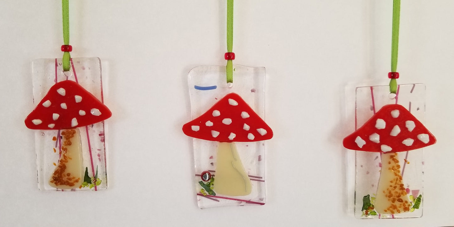 Red Mushroom Suncatcher. Handmade Ornament, Kiln Fused Glass. Includes Gift Box & Beaded satin ribbon. Botanical Decor, Window Hanging.