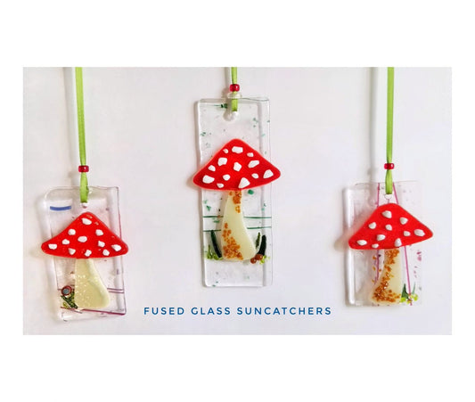 Red Mushroom Suncatcher. Handmade Ornament, Kiln Fused Glass. Includes Gift Box & Beaded satin ribbon. Botanical Decor, Window Hanging.