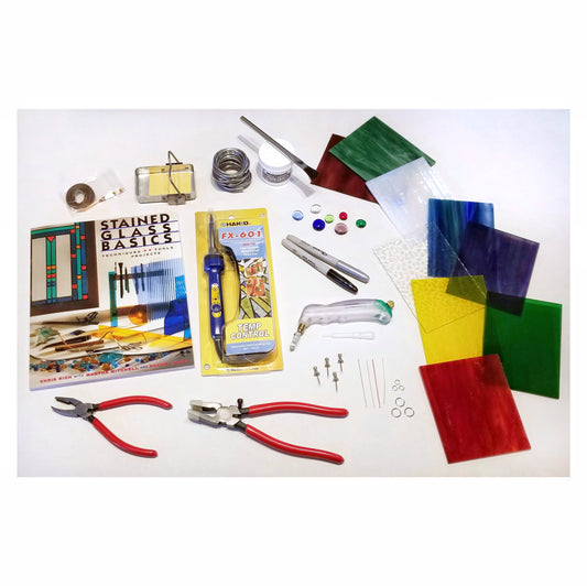 Stained Glass Beginner Tool Kit with Hakko Soldering Iron, Palm Grip Cutter, Colorful Glass Sheets, Instruction Book, Supplies. 1-3 day ship