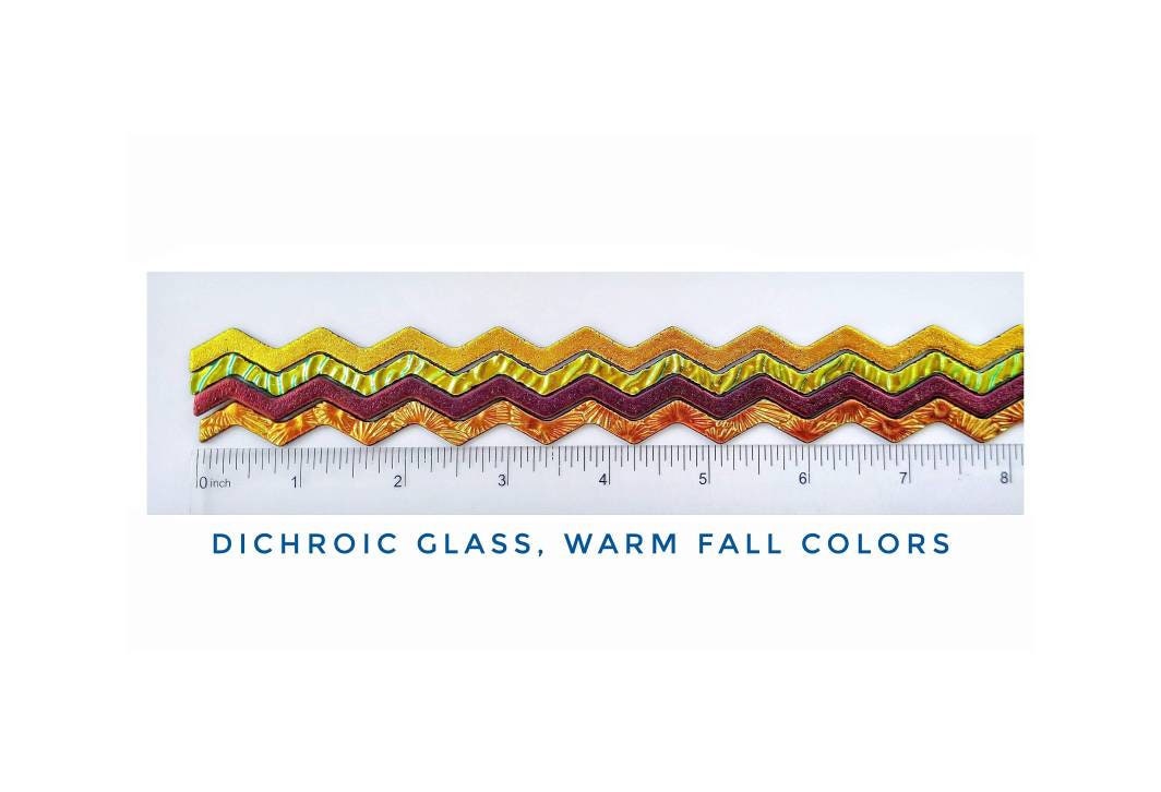Dichroic Sheet Glass. Fire Strips on Black. Orange, Pink, Red, Yellow. Coe 90 Fusible. Diy Jewelry Supply. 4 pieces, approx. 8" wavy.