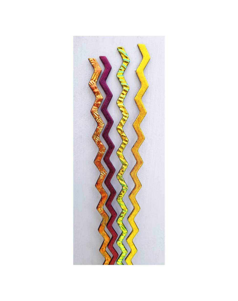Dichroic Sheet Glass. Fire Strips on Black. Orange, Pink, Red, Yellow. Coe 90 Fusible. Diy Jewelry Supply. 4 pieces, approx. 8" wavy.