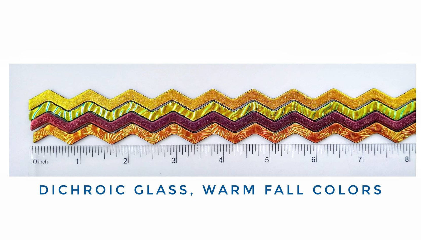 Dichroic Sheet Glass. Fire Strips on Black. Orange, Pink, Red, Yellow. Coe 90 Fusible. Diy Jewelry Supply. 4 pieces, approx. 8" wavy.