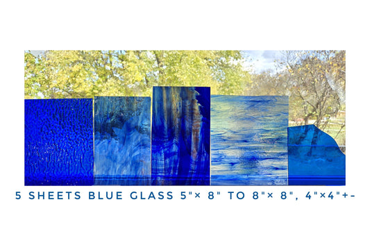 Blue Stained Glass, Scrap Pack Diy. 5 Sheets Cathedral Style. Assorted Textures, Vintage Blown, 2 with purple wisps. Average size 6"× 8"+-