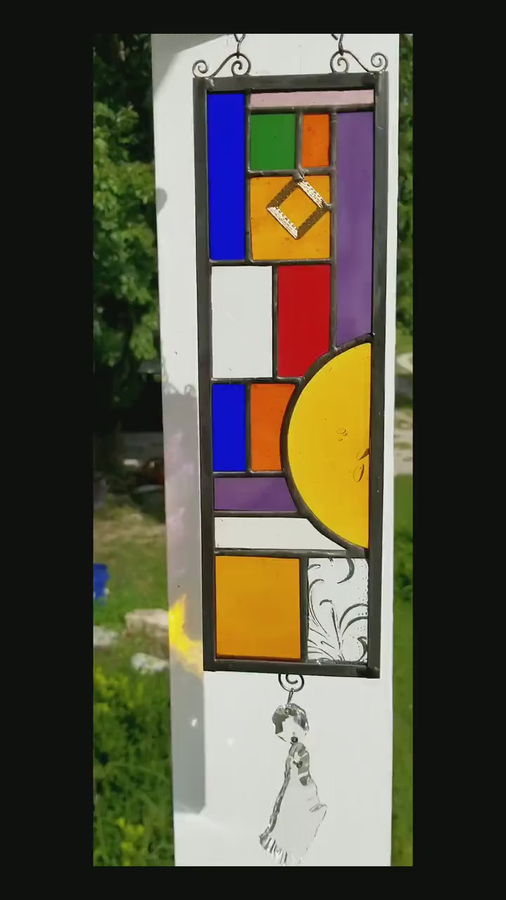 Suncatcher Handmade by Me. Lovely Purple, Gold & Pink Glass Art. A Vintage Chandler Drop emits rainbows. Gift for Mom or Special Friend.