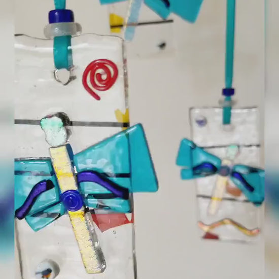 Glass Dragonfly Suncatcher. Azure Blue Wings with Shiny Dichroic Glass. Handmade by Me. Memory Charm, Gift Boxed for Mother, Special Friend.