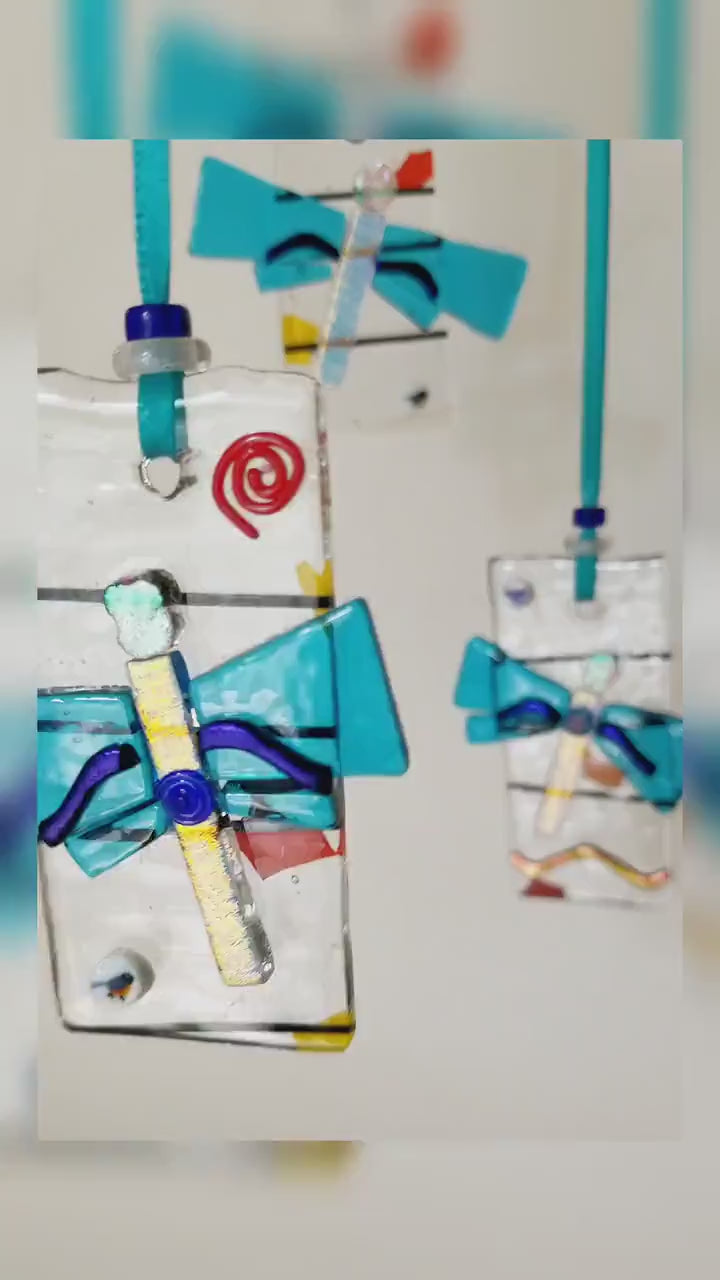Glass Dragonfly Suncatcher. Azure Blue Wings with Shiny Dichroic Glass. Handmade by Me. Memory Charm, Gift Boxed for Mother, Special Friend.