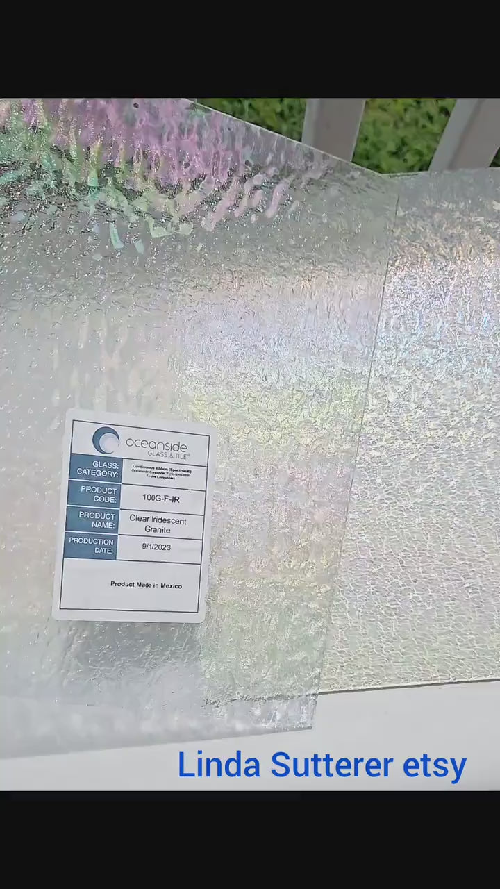 Clear Iridescent Stained Glass Sheets. Granite Texture, Easy to Cut. Rainbow Glass perfect for Holiday Ornaments & Dragonfly wings too.