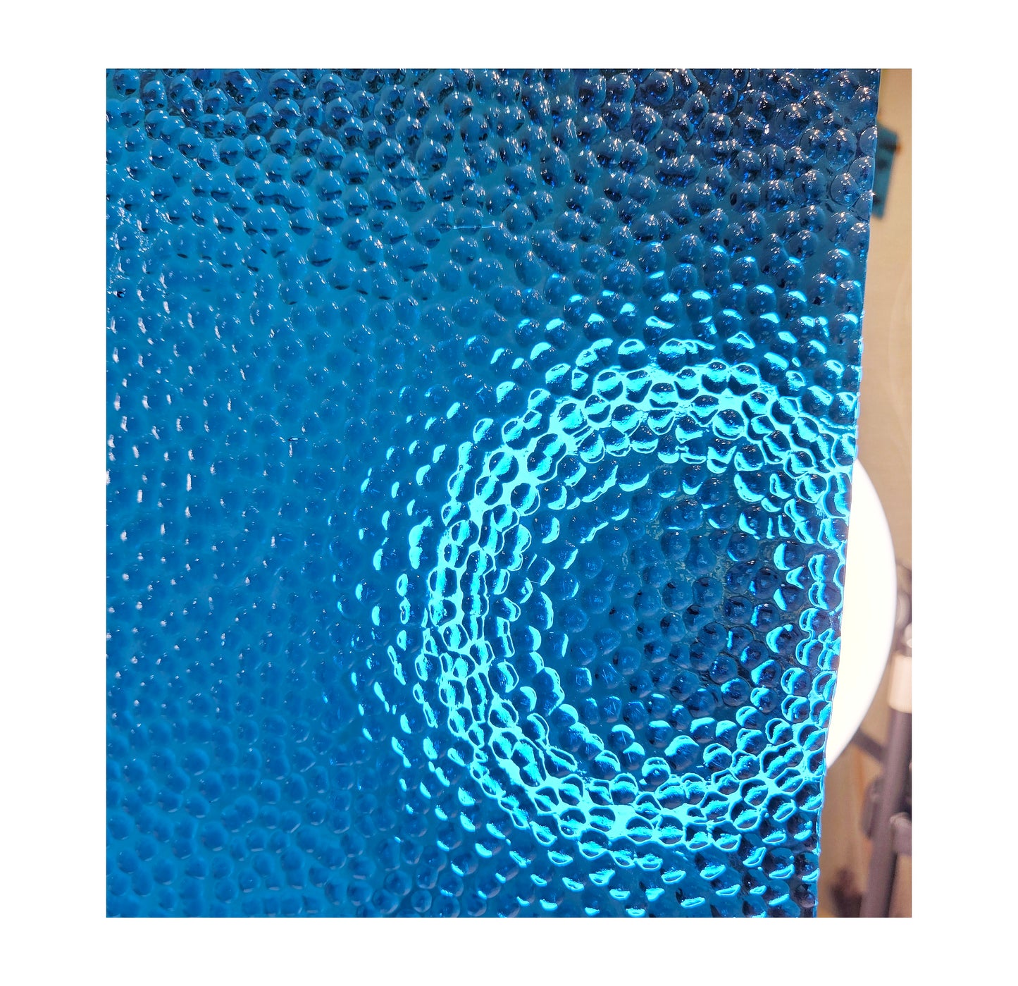 Medium Blue Stained Glass Sheets. Easy to Cut, Hammered Texture. Wissmach Cathedral, See Thru. Has a tint of Aqua Blue.