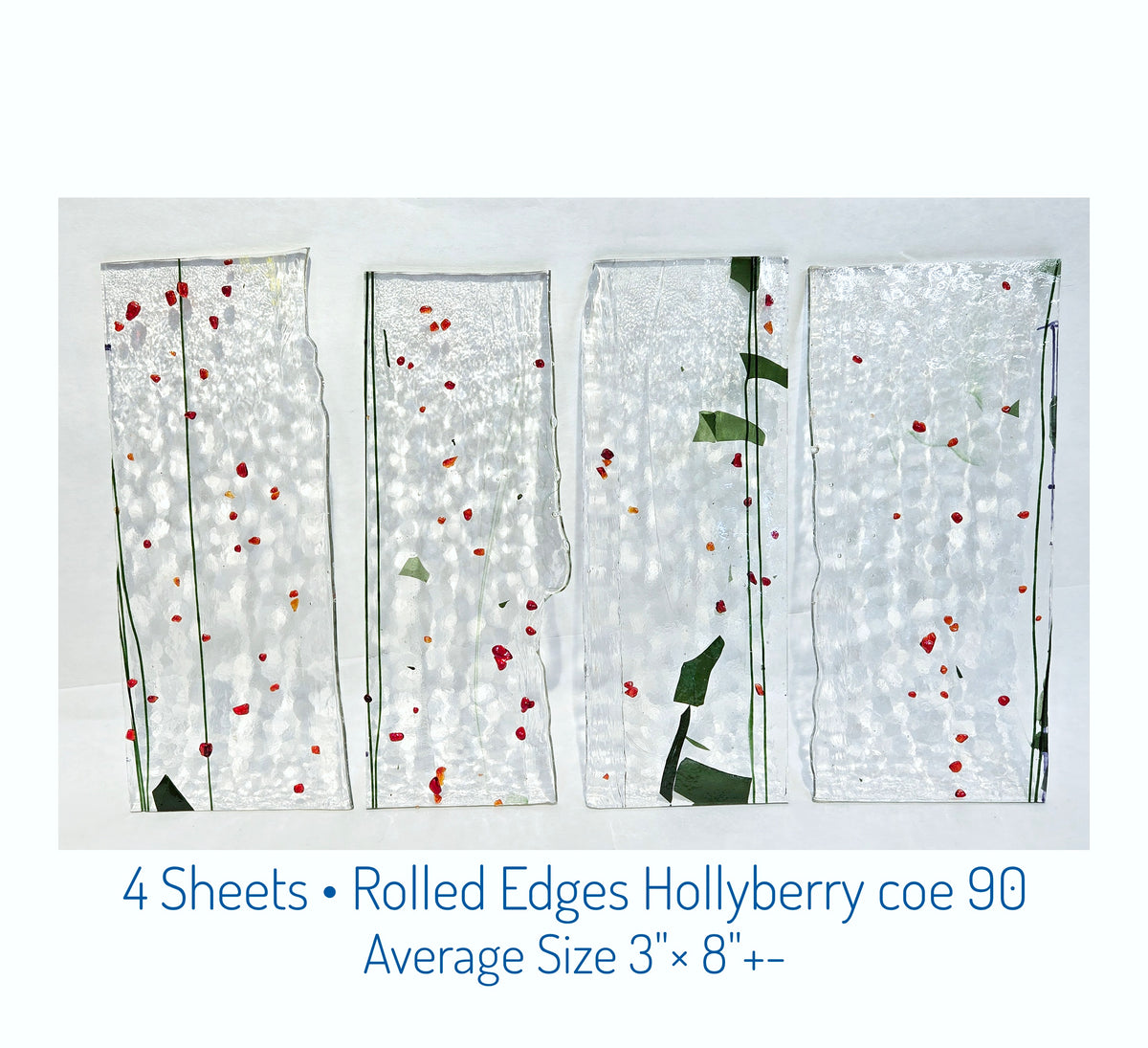 Rolled Edges, Bullseye Collage Stained Glass, 3"× 8"+-. Holly Berry, Red Frit & Green Streamers. Coe 90. Diy.