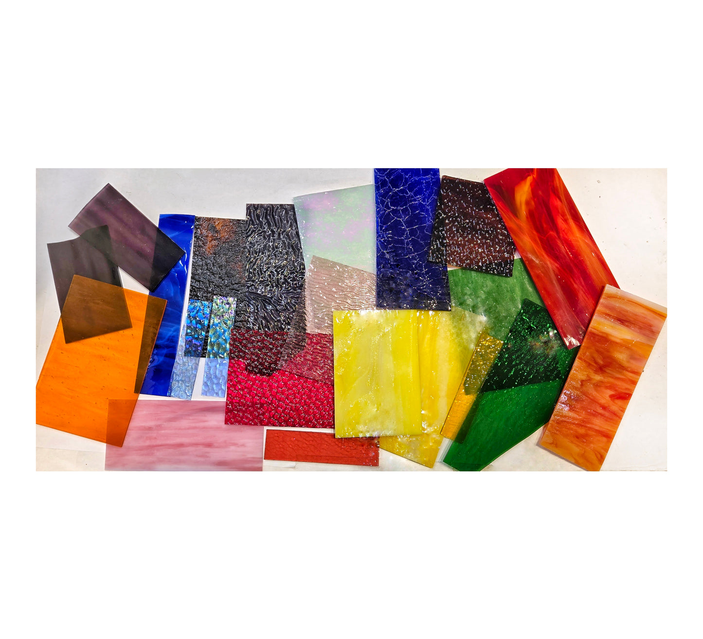 Stained Glass Pieces, Mosaic Art. Scrap Mixed Color Pack for Nature, Landscape, Flower Themed. Wispy Streaky. Pretty for Glass on Glass too.